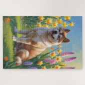 秋田犬の春の花の絵 ジグソーパズル (横)
