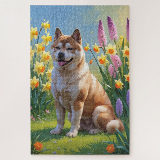 秋田犬の春の花の絵 ジグソーパズル (縦)