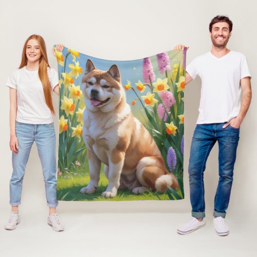 秋田犬の春の花の絵 フリースブランケット (インサイチュ)