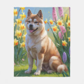 秋田犬の春の花の絵 フリースブランケット (正面)