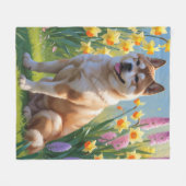 秋田犬の春の花の絵 フリースブランケット (正面(横))