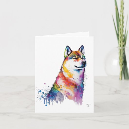 秋田犬の水彩画とペン折りホリデーカード シーズンカード (正面)