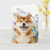 秋田犬の誕生日おめでとう 野の花ガーデン カード (黄色い花)