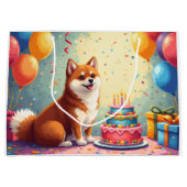 秋田犬の誕生日お祝いアート ラージペーパーバッグ (正面)