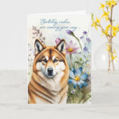 秋田犬の誕生日が野草園を祈る カード (黄色い花)