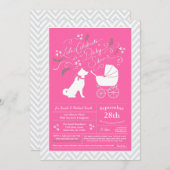 秋田犬の赤ちゃんシャワーガールピンク 招待状 (正面/裏面)