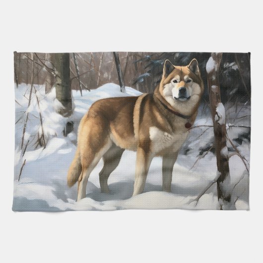 秋田犬の雪景色 クリスマス キッチンタオル (横)