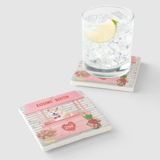 秋田犬バレンタインデーキスをするス ストーンコースター (横)