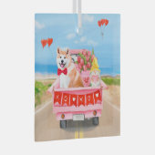 秋田犬バレンタインデートラックハート ガラスオーナメント (正面右)