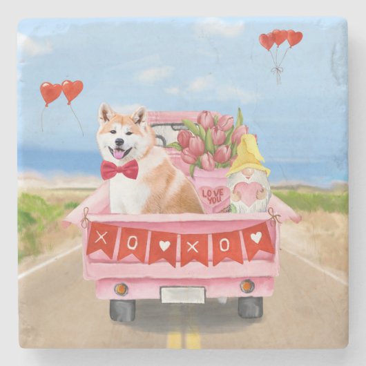 秋田犬バレンタインデートラックハート ストーンコースター (正面)