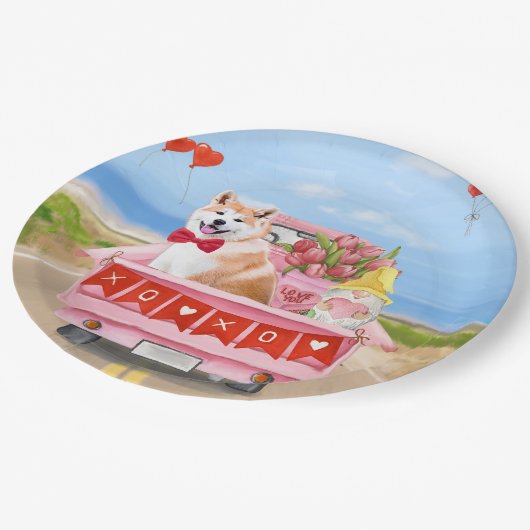 秋田犬バレンタインデートラックハート ペーパープレート (アングル)