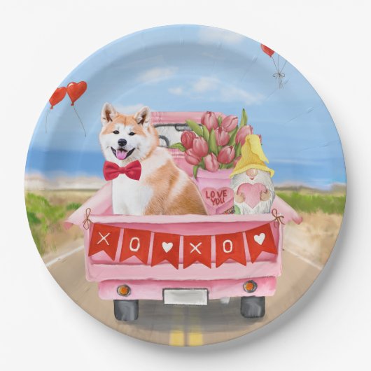 秋田犬バレンタインデートラックハート ペーパープレート (正面)