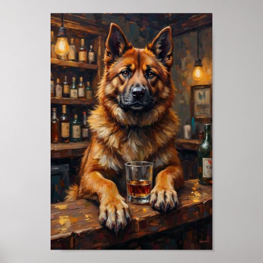 秋田犬バーアート、面白い犬が飲むウォールアート ポスター (正面)