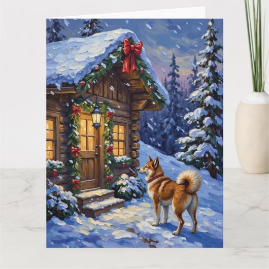 秋田犬 クリスマスログキャビンホリデー カード (正面)