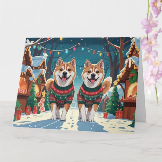 秋田犬 クリスマス スノー ホリデー カード (蘭)