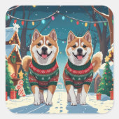秋田犬 クリスマス 雪 ホリデー スクエアシール (正面)