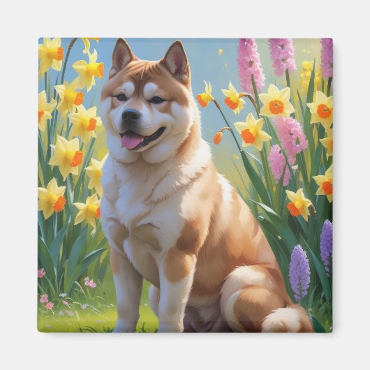 秋田犬 春の花の絵 マグネット (正面)
