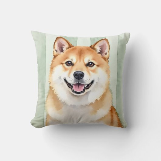 秋田犬 水彩 ストライプ背景 ペットアート クッション (正面)