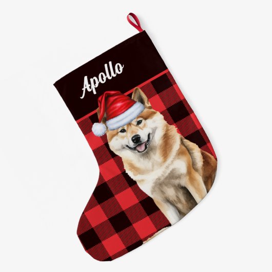 秋田県かわいい犬と赤いバッファローのプレイド ラージクリスマスストッキング (裏面 (吊り時))