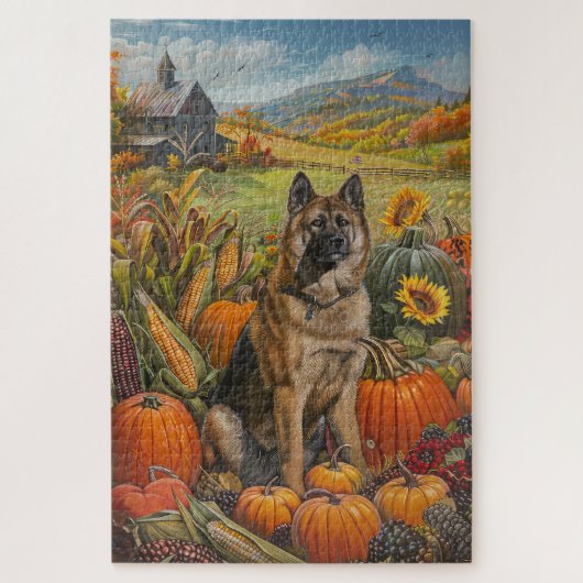 秋田秋の収穫感謝祭の犬 ジグソーパズル (縦)