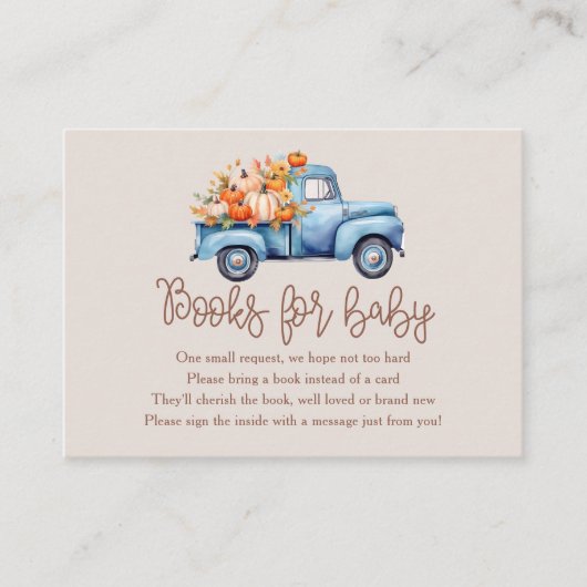 秋男の子の赤ちゃんシャワーカボチャのトラックの本ベビー エンクロージャーカード (正面)