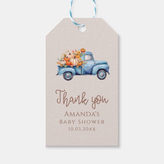 秋男の子の赤ちゃんシャワーカボチャートラックありがとう ギフトタグ (正面)