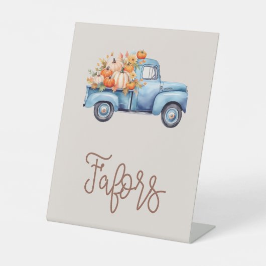 秋男の子の赤ちゃんシャワーブルーパンプキントラックの好意 台座サイン (正面)