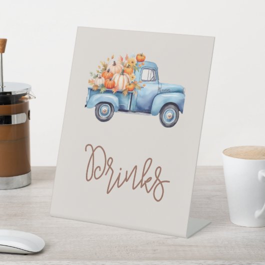 秋男の子の赤ちゃんシャワーブルーパンプキントラックドリンク 台座サイン (インサイチュ)