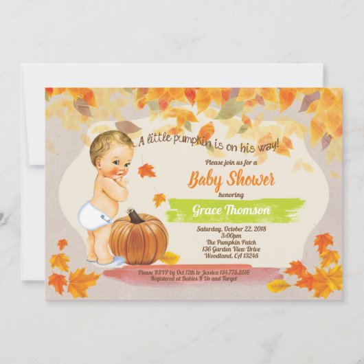 秋男の赤ちゃんシャワーヴィンテージレトロカボチャ 招待状 (正面)