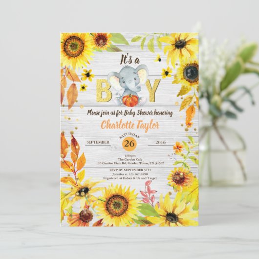 秋男の赤ちゃんシャワー招待ひまわり象 招待状 (スタンド正面)