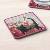 秋眠る黒猫ホットピンクの花 コースター (左側)