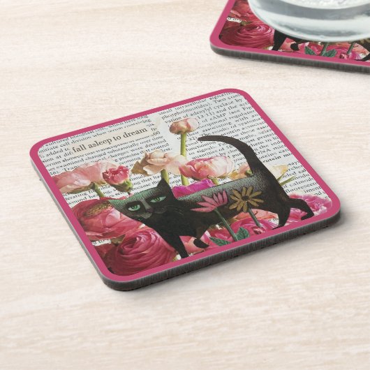 秋眠る黒猫ホットピンクの花 コースター (左側)