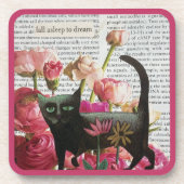 秋眠る黒猫ホットピンクの花 コースター (正面)