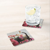 秋眠る黒猫ホットピンクの花 スクエアペーパーコースター (インサイチュ)