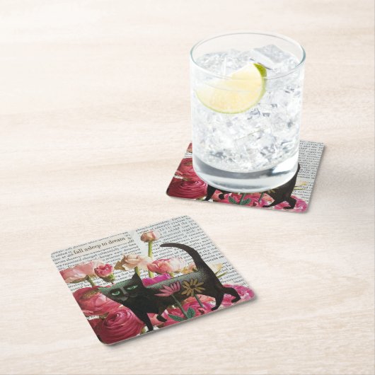 秋眠る黒猫ホットピンクの花 スクエアペーパーコースター (インサイチュ)