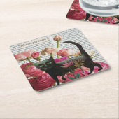 秋眠る黒猫ホットピンクの花 スクエアペーパーコースター (アングル)