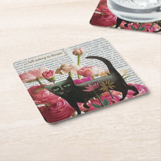 秋眠る黒猫ホットピンクの花 スクエアペーパーコースター (アングル)