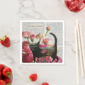 秋眠る黒猫ホットピンクの花 スタンダードカクテルナプキン (インサイチュ)