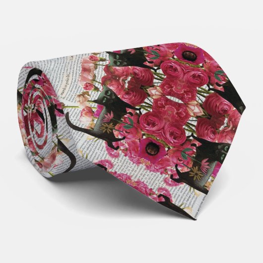 秋眠る黒猫ホットピンクの花 ネクタイ (ロール)