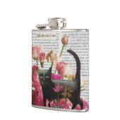 秋眠る黒猫ホットピンクの花 フラスク (左)