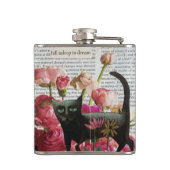 秋眠る黒猫ホットピンクの花 フラスク (裏面)