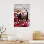 秋眠る黒猫ホットピンクの花 ポスター (キッチン)