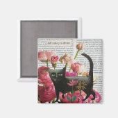 秋眠る黒猫ホットピンクの花 マグネット (正面/裏面)