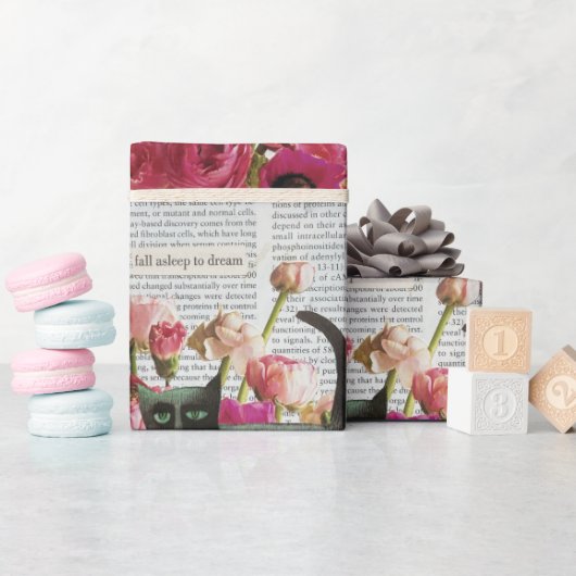 秋眠る黒猫ホットピンクの花 ラッピングペーパー (ベビーシャワー)