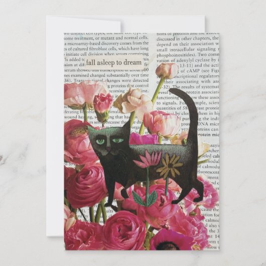 秋眠る黒猫ホットピンクの花 招待状 (正面)