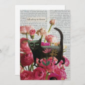 秋眠る黒猫ホットピンクの花 招待状 (正面/裏面)