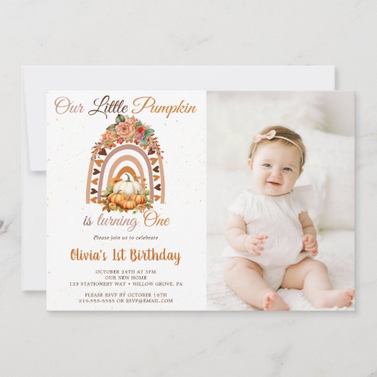 秋私たちの小さなカボチャ1st誕生日パーティー写真 招待状 (正面)