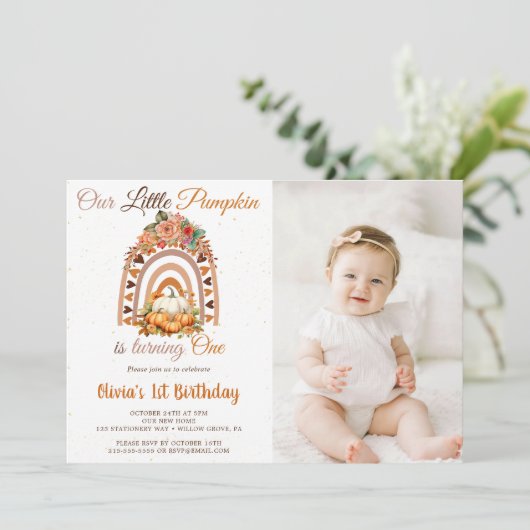 秋私たちの小さなカボチャ1st誕生日パーティー写真 招待状 (スタンド正面)