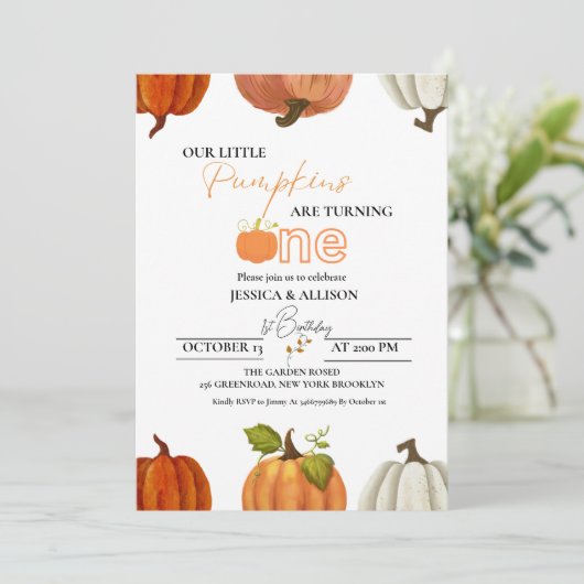 秋私たちの小さなツインカボチャは1つの誕生日を回す 招待状 (スタンド正面)