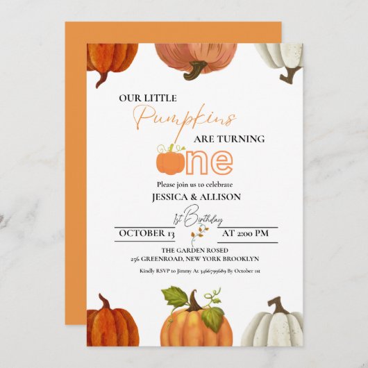 秋私たちの小さなツインカボチャは1つの誕生日を回す 招待状 (正面/裏面)
